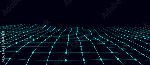 Fototapeta Naklejka Na Ścianę i Meble -  Abstract perspective grid. Digital retro background. Wireframe cyber landscape on blue background. 3d rendering.