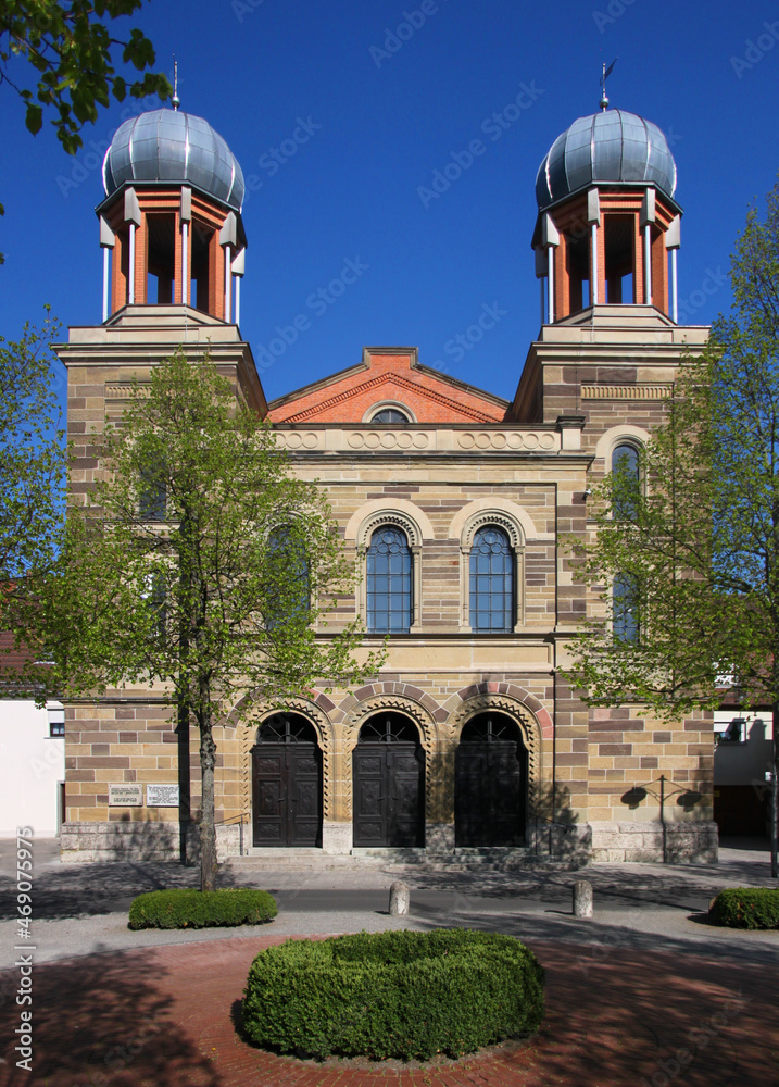 Romanesque revival architecture at the synagogue building in the old town of Kitzingen, Franken region in Germany
