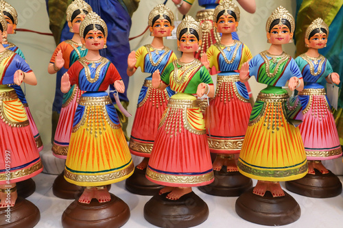 A Collection of charming Dancing girl Dolls made from clay and hand painted with vibrant bright colors in India. 