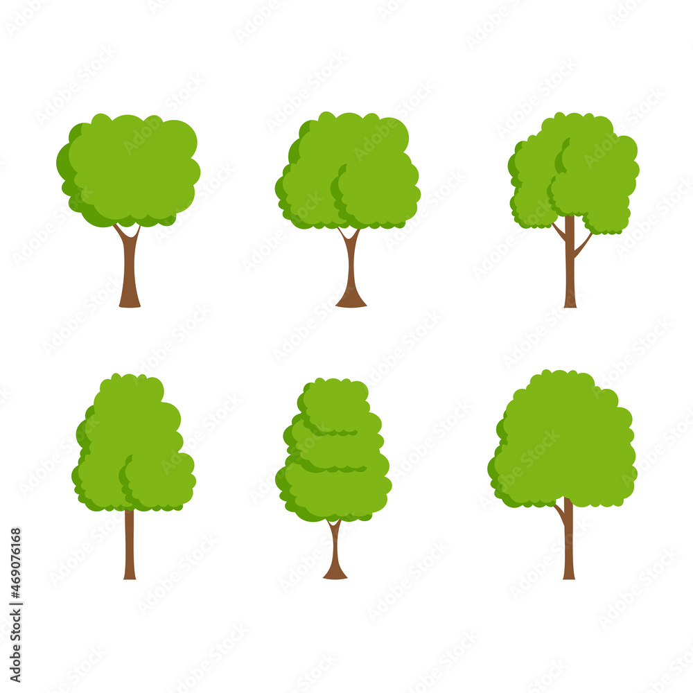 Fototapeta premium Green tree, A variety of forms on the White Background,Set of various tree sets,Trees for decorating gardens and home designs.vector illustration and icon