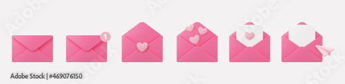 3d pink mail envelope icon set with flying hearts, paper plane and marker new message isolated on grey background. Render giving love email for Mother and Valentines Day greeting. 3d realistic vector photo