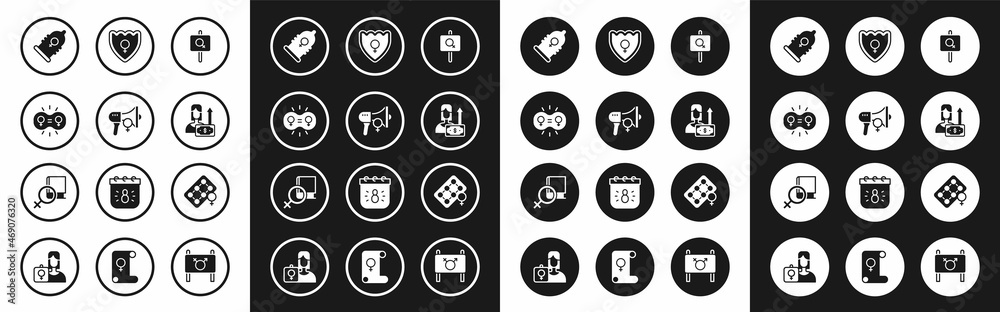 Set Feminist activist, Gender equality, Condom, Money growth woman, shield, Female, Packaging of birth control pills and Book about women icon. Vector
