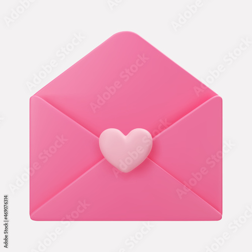 3d open pink mail envelope icon with flying hearts isolated on grey background. Render giving love email for Mother and Valentines Day greetings. 3d realistic vector