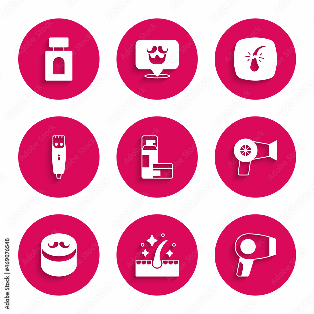 Set Shaving gel foam, Oil for hair care treatment, Hair dryer, Gel wax styling, clipper, Broken follicle and Aftershave icon. Vector Set Shaving gel foam, Oil for hair care treatment, Hair dryer, Gel wax styling, clipper, Broken follicle and Aftershave icon. Vector