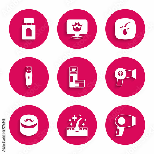 Set Shaving gel foam, Oil for hair care treatment, Hair dryer, Gel wax styling, clipper, Broken follicle and Aftershave icon. Vector
