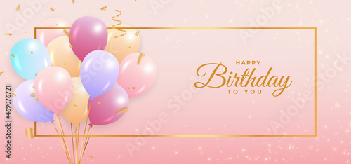 Birthday colorful balloon for background. Happy birthday social media banner with balloons and gold confetti. Happy birthday wish with calligraphy. Colorful confetti background, party elements.