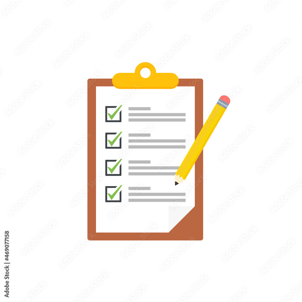 Clipboard with checklists, questionnaires, feedback, assessments and pencil icons in a simple design. Clipboard with checklists, questionnaires, feedback, assessments and pencil icons in a simple design.