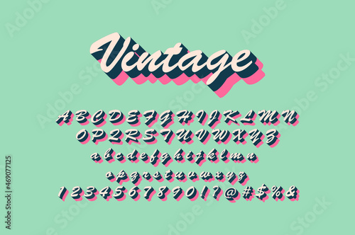 Vintage Style Alphabet Text. 3D Isometric Font Design Set. Pop Art Typography. Lettering Vector Illustration.