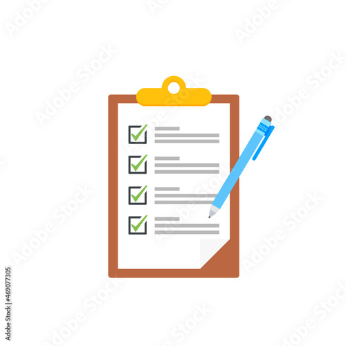 Clipboard with checklists, questionnaires, feedback, assessments and pencil icons in a simple design. © StockBURIN