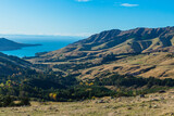 ニュージーランド　南島の町、アカロア郊外の丘から望むバンクス半島の風景