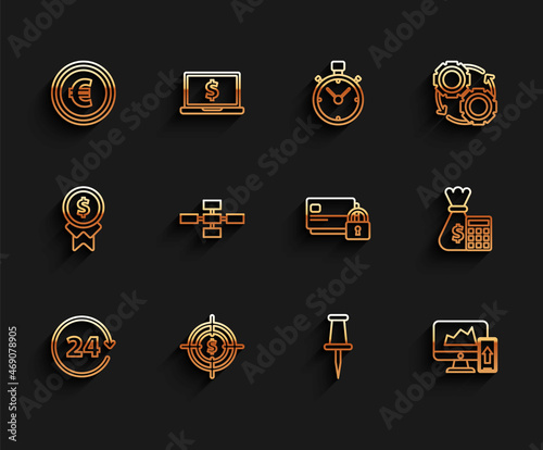 Set line Clock 24 hours, Push pin, Financial chart or graph the computer monitor and mobile phone, Business hierarchy organogram infographics, Calculator bag and Credit card icon. Vector