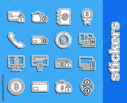 Set line Money exchange, Computer monitor and mobile phone, with bitcoin, Address book, Envelope dollar symbol, Telephone handset, Credit card lock and Coin money icon. Vector