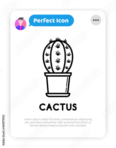 Cactus with prickles in pot thin line icon. Modern vector illustration of home plant.