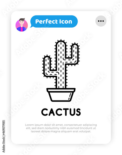 Cactus with prickles in pot thin line icon. Modern vector illustration of home plant.