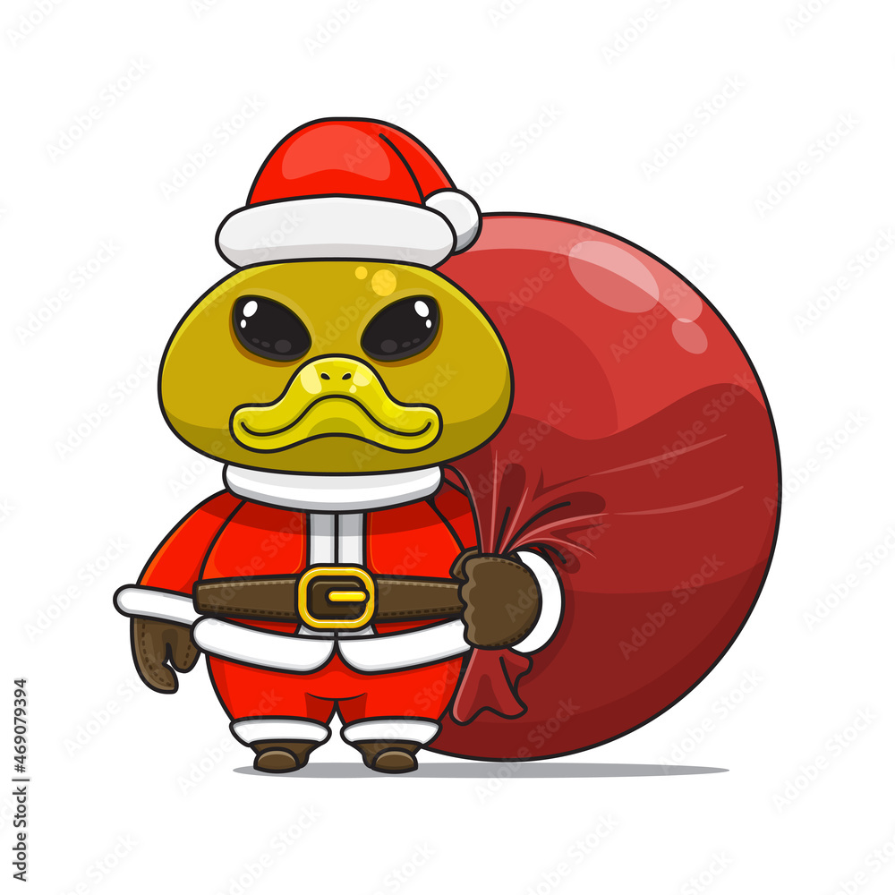 cute duck wearing santa costume and carrying santa bundle bag, animal mascot in christmas costume cute duck wearing santa costume and carrying santa bundle bag, animal mascot in christmas costume