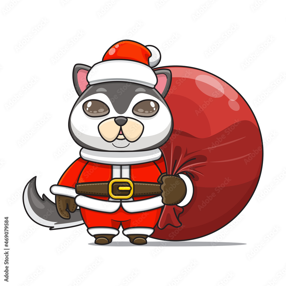 cute husky wearing santa costume and carrying santa bundle bag, animal mascot in christmas costume cute husky wearing santa costume and carrying santa bundle bag, animal mascot in christmas costume