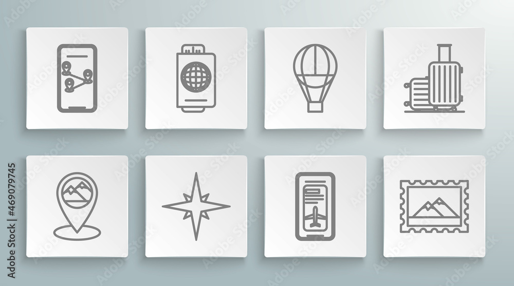 Set line Map pointer with mountain, Smartphone electronic boarding pass airline, Postal stamp and Mountains, Hot balloon, Suitcase for travel and Infographic of city map navigation icon. Vector Set line Map pointer with mountain, Smartphone electronic boarding pass airline, Postal stamp and Mountains, Hot balloon, Suitcase for travel and Infographic of city map navigation icon. Vector