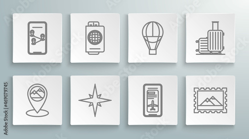 Set line Map pointer with mountain, Smartphone electronic boarding pass airline, Postal stamp and Mountains, Hot balloon, Suitcase for travel and Infographic of city map navigation icon. Vector