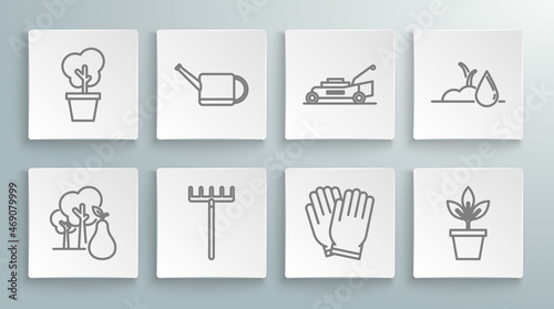 Set line Tree with pears, Watering can, Garden rake, gloves, Flowers pot, Lawn mower, sprout and icon. Vector