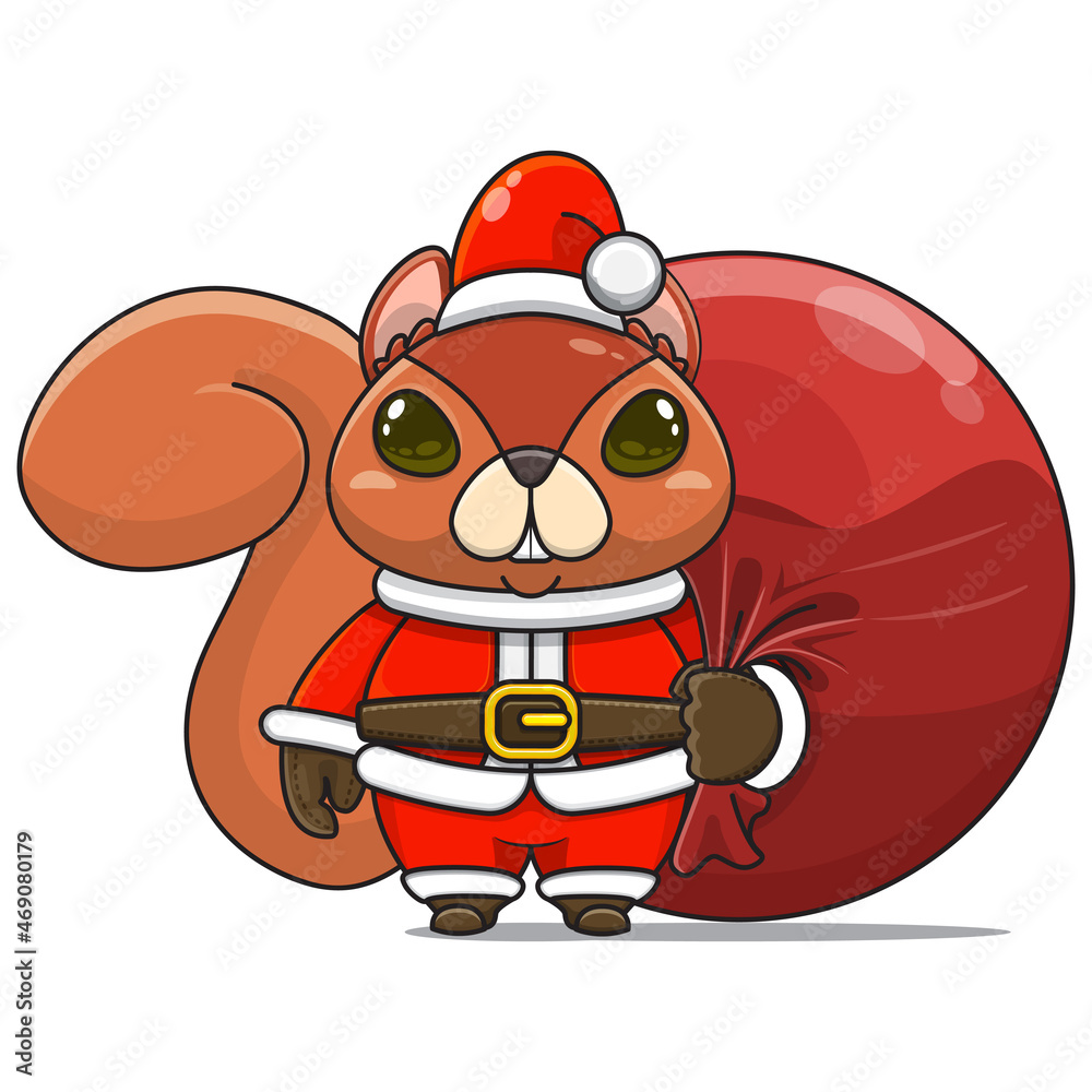 cute squirrel wearing santa costume and carrying santa bundle bag, animal mascot in christmas costume cute squirrel wearing santa costume and carrying santa bundle bag, animal mascot in christmas costume