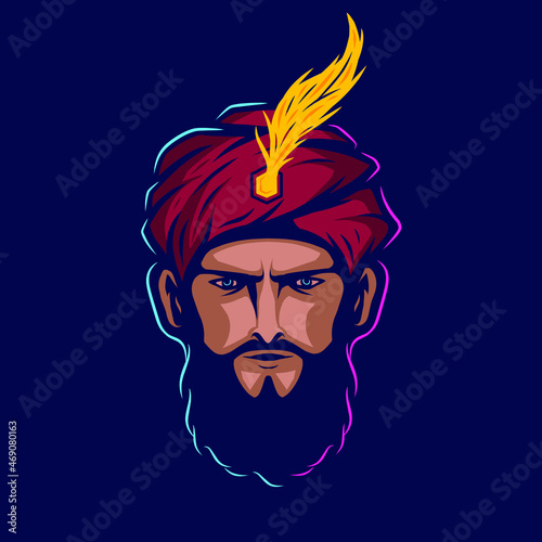 Sultan arabian king logo vector line neon art potrait colorful design with dark background. Abstract graphic illustration