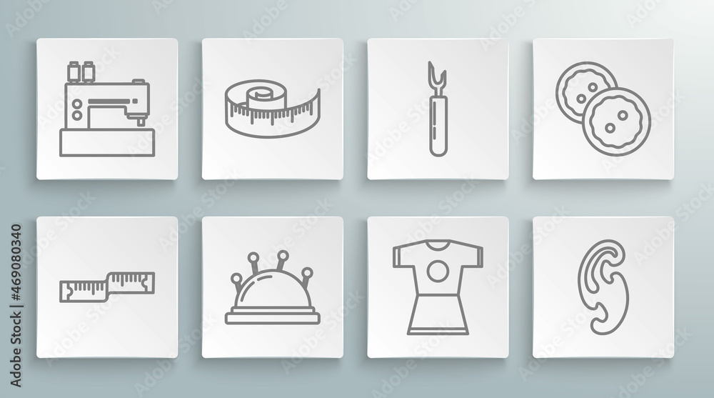 Set line Tape measure, Needle bed and needles, Woman dress, French curves, Cutter tool, Sewing button for clothes and machine icon. Vector Set line Tape measure, Needle bed and needles, Woman dress, French curves, Cutter tool, Sewing button for clothes and machine icon. Vector