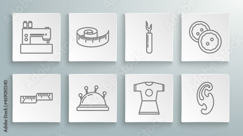 Set line Tape measure, Needle bed and needles, Woman dress, French curves, Cutter tool, Sewing button for clothes and machine icon. Vector