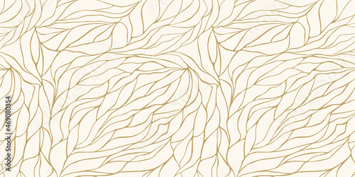 Curly waves tracery, curved lines, stylized abstract petals pattern. Seamless leaf background. Golden outline white texture. Organic wallpapers for printing on paper or fabric. Vector