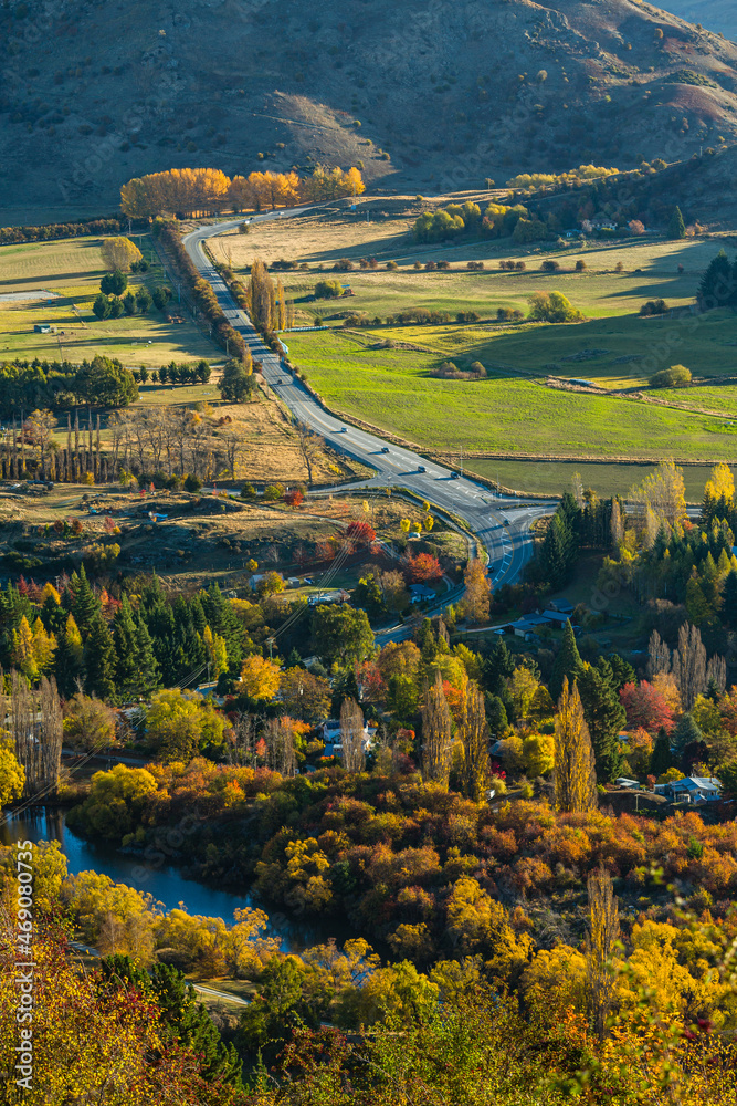 ニュージーランド　オタゴ地方のアロータウン・ジャンクションの展望台からの風景と紅葉
