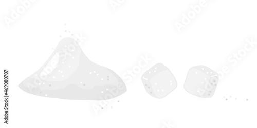 White sugar, piles and two cubes. Refined sugar, unhealthy nutrition, ingredient for preparation of sugary drinks or pastries. Cartoon vector illustration isolated on white background.