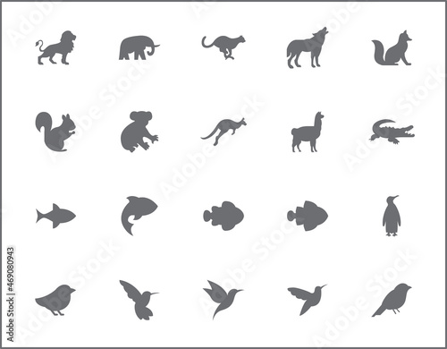 Set of animal and Pet line style. It contains such as Lion  Elephant  Cheetah  Wolf  Fox  Squirrel  Koala  Kangaroo and other elements.