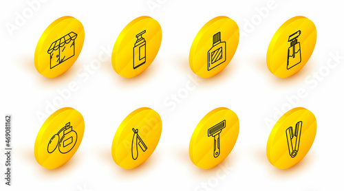 Set line Curling iron for hair, Shaving razor, Straight, Aftershave, Cream lotion cosmetic tube, and Barbershop building icon. Vector