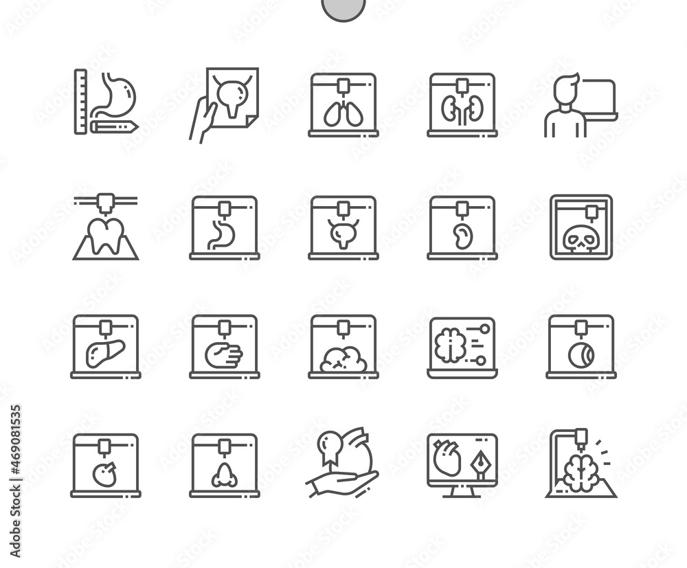 3D print human organ. Medicine and health. Modeling and printing. Pixel Perfect Vector Thin Line Icons. Simple Minimal Pictogram