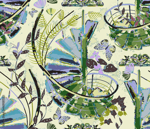Vector EPS10 seamless pattern Victorian Greenhouse, once luxurious, with spiral staircases and forged metal elements, now stands abandoned and covered with moss and wild lianas.     
