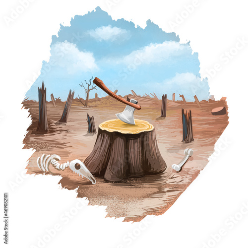Deforestation digital art illustration isolated on white. Axe in tree stump, died forest and skeletons of animals on bare earth ground. Cutting woods concept save nature poster, ecological problem.