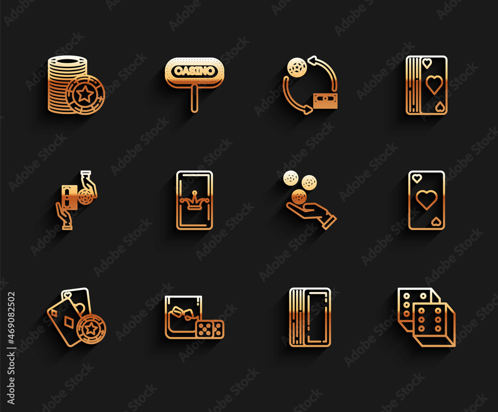 Set line Casino chip and playing cards, Game dice glass of whiskey with ice cubes, chips, Deck, Joker, Playing heart symbol and Hand holding casino icon. Vector Set line Casino chip and playing cards, Game dice glass of whiskey with ice cubes, chips, Deck, Joker, Playing heart symbol and Hand holding casino icon. Vector