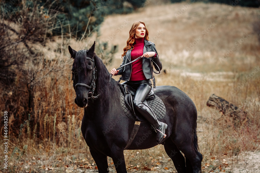 Obraz premium Beautiful young woman posing with a horse outdoors, close up