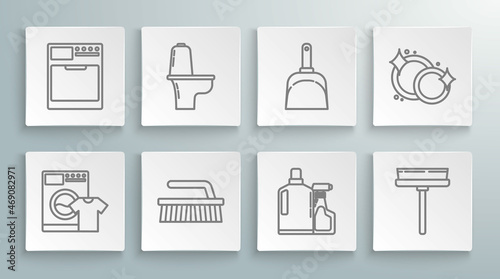 Set line Washer and t-shirt, Toilet bowl, Brush for cleaning, Plastic bottles liquid dishwashing liquid, Squeegee, scraper, wiper, Dustpan, Washing dishes and icon. Vector