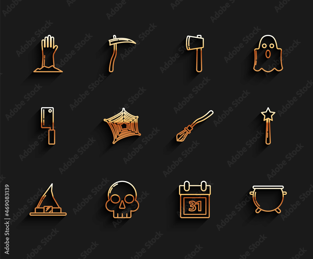Set line Witch hat, Skull, Zombie hand, Calendar with Halloween date 31 october, witch cauldron, Spider web, Magic wand and Witches broom icon. Vector