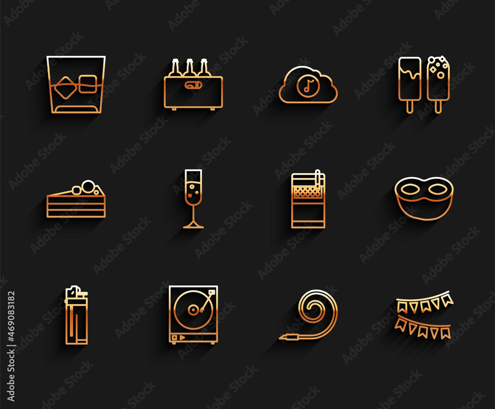 Set line Lighter, Vinyl player with a vinyl disk, Glass of whiskey and ice cubes, Birthday party horn, Carnival garland flags, champagne, Festive mask and Open cigarettes pack box icon. Vector Set line Lighter, Vinyl player with a vinyl disk, Glass of whiskey and ice cubes, Birthday party horn, Carnival garland flags, champagne, Festive mask and Open cigarettes pack box icon. Vector