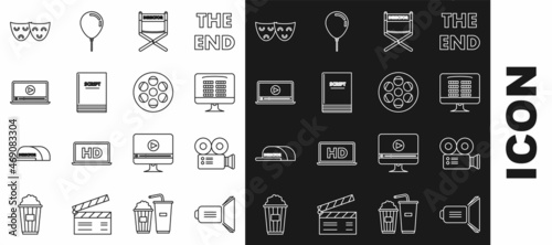 Set line Movie spotlight, Cinema camera, Buy cinema ticket online, Director movie chair, Scenario, Online play video, Comedy and tragedy theatrical masks and Film reel icon. Vector