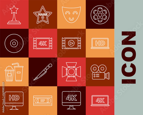 Set line Laptop screen with 4k video technology, Cinema camera, HD, Comedy theatrical mask, movie, tape, frame, CD or DVD disk, Movie trophy and Play Video icon. Vector