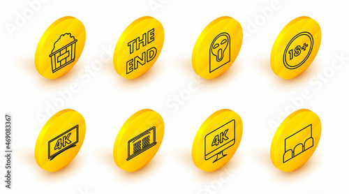 Set line , Computer PC monitor with 4k video technology, Buy cinema ticket online, Under 18 years, Funny and scary ghost mask, The End handwritten inscription and Popcorn cardboard box icon. Vector