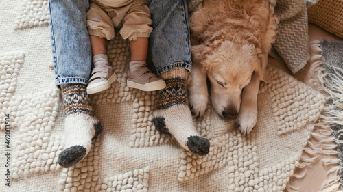 Woman or man and baby legs and cute golden retriever dog on carpet. Family relax time. Winter Christmas holidays and hygge concept.  Atmospheric moments lifestyle. photo