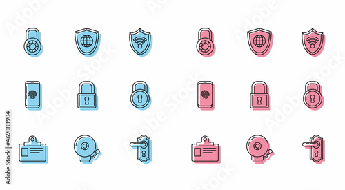 Set line Identification badge, Ringing alarm bell, Safe combination lock wheel, Door handle, Lock, Smartphone with fingerprint scanner and Shield world globe icon. Vector