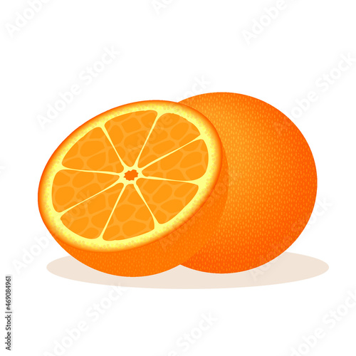 A whole and a half of an orange with anise stars illustration, juicy citrus fruit and Christmas spice isolated