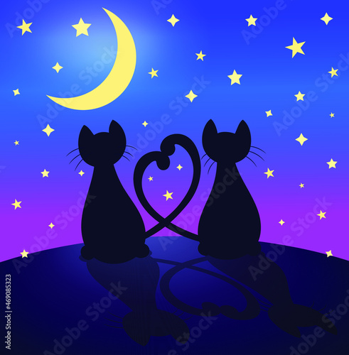 Romantic love cats silhouettes against the night sky with many stars and moon, a romantic card, two cats in love with the tails crossed like a heart.