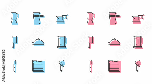 Set line Spoon, Oven, Moka pot, Pizza knife, Covered with tray of food, Kettle handle, Meat chopper and Coffee turk icon. Vector
