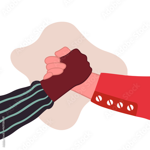 Two People with Different Skin Colors Shakehand on White Background. Unity in Diversity No Racism Icon Concept. Hand Drawn Colored Flat Vector Illustration.