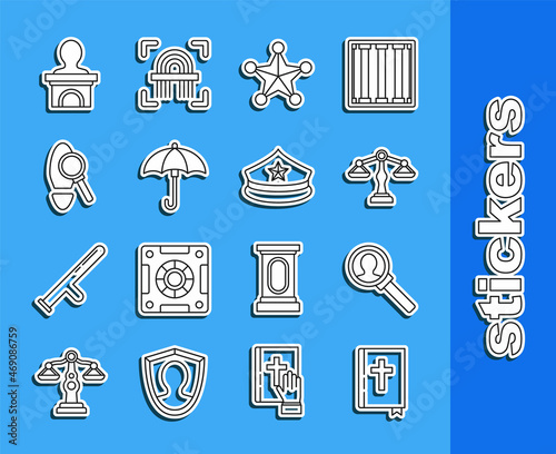 Set line Holy bible book, Magnifying glass for search, Scales of justice, Hexagram sheriff, Umbrella, with footsteps, Stage stand debate podium rostrum and Police cap cockade icon. Vector
